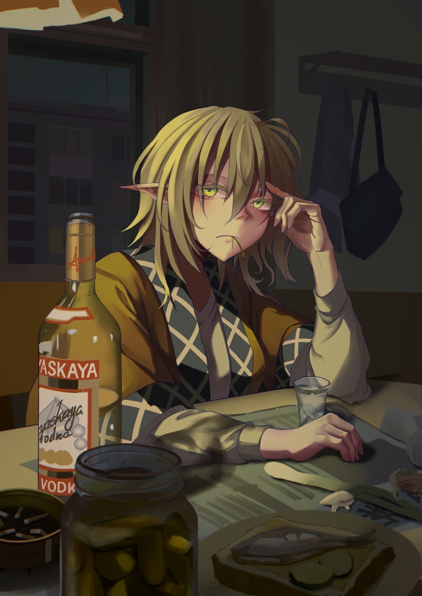 1girl, absurdres, alcohol, arm_warmers, ashtray, bag, blonde_hair, bread