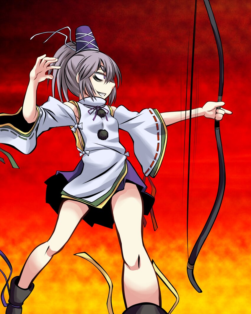 1girl, absurdres, ayana_mizuki, bags_under_eyes, black_boots, boots, bow_(weapon), breasts, commentary, detached_sleeves, full_body, grey_eyes, grey_hair, grin, hair_between_eyes, hat, highres, holding, holding_bow_(weapon), holding_weapon, japanese_clothes, kariginu, long_bangs, looking_afar, medium_hair, mononobe_no_futo, neck_ribbon, pom_pom_(clothes), ponytail, profile, purple_hat, purple_ribbon, purple_skirt, red_background, ribbon, ribbon-trimmed_sleeves, ribbon_trim, sharp_teeth, skirt, small_breasts, smile, solo, standing, tate_eboshi, teeth, thick_eyebrows, touhou, weapon, white_sleeves, wide_sleeves