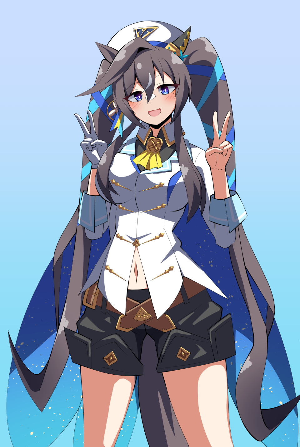 alternate_costume, animal_ears, belt, black_hair, blue_background, blue_eyes, blush, breasts