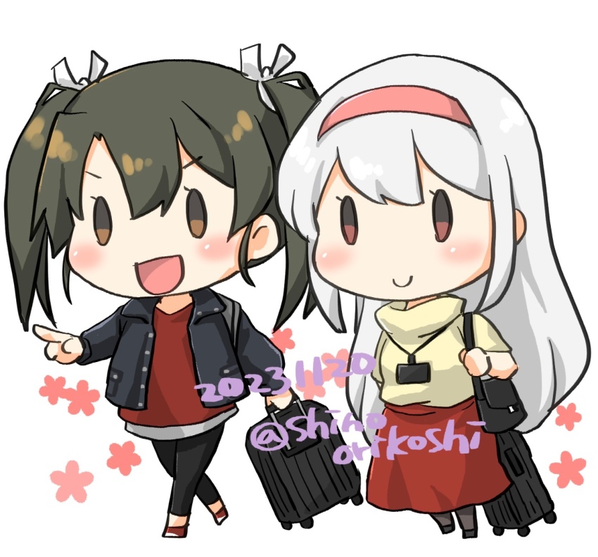 2girls, black_hair, black_jacket, black_pants, brown_eyes, chibi, dated, hairband