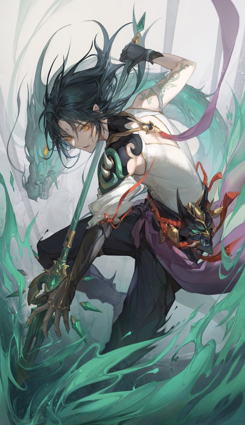 1boy, bishounen, black_gloves, black_hair, chinese_clothes, dragon, eastern_dragon, genshin_impact