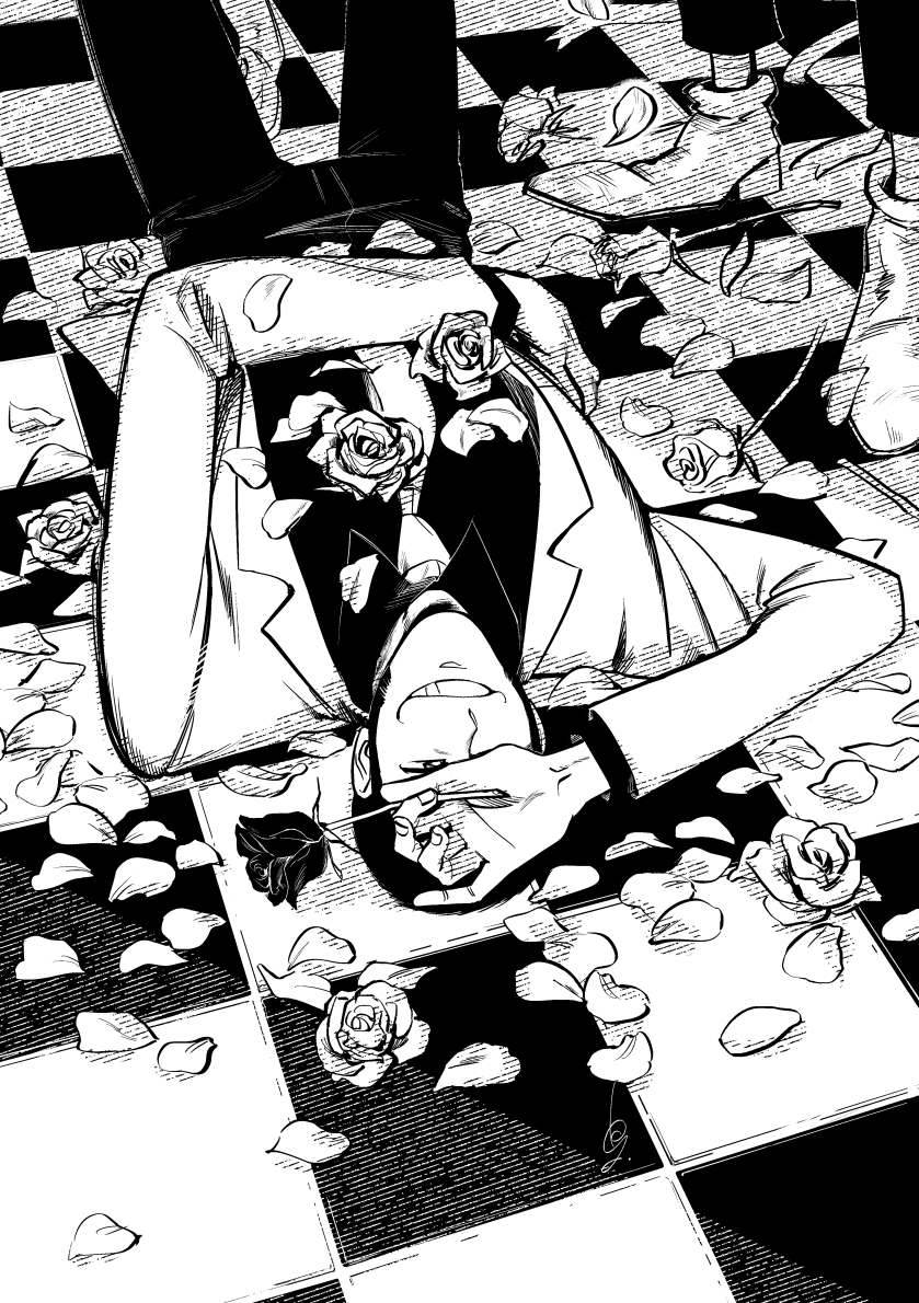 2boys, arsene_lupin_iii, checkered_floor, collared_shirt, fingernails, flower, greyscale, grin
