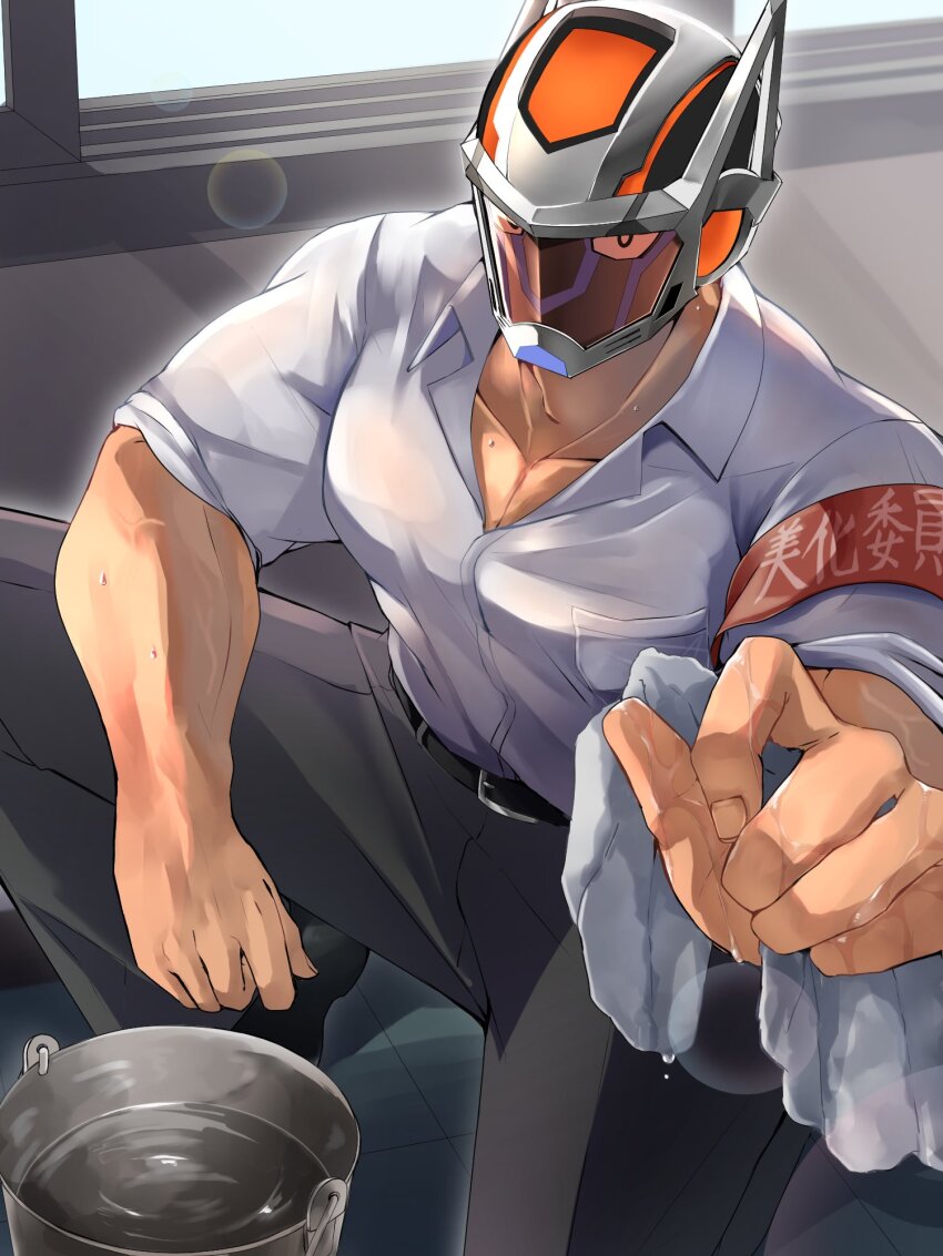 1boy, algernon_(housamo), armband, bara, belt, bucket, bucket_of_water, colored_sclera