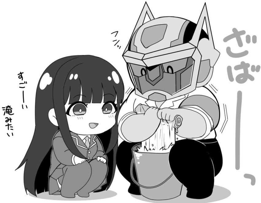 1boy, 1girl, algernon_(housamo), armband, black_hair, blunt_bangs, bucket, bucket_of_water