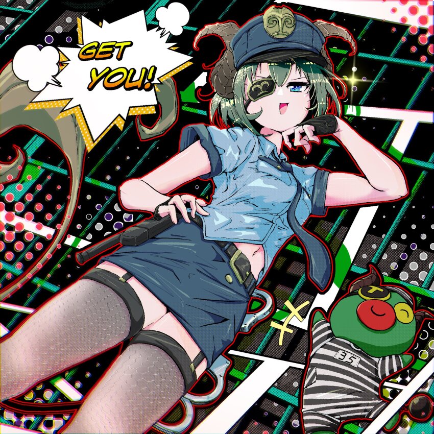 +++, 1girl, :d, alternate_costume, bane_mk-2, baton_(weapon), belt, black_belt, black_gloves, blue_hat, blue_skirt, breasts, brown_horns, closed_mouth, commentary, cowboy_shot, creature, curled_horns, demon, demon_girl, demon_horns, demon_tail, english_text, eyepatch, fingerless_gloves, fishnet_thighhighs, fishnets, garter_straps, gloves, grey_necktie, grey_thighhighs, hand_on_own_hip, hat, hexagon, highres, horns, looking_at_viewer, medium_breasts, nanashi_inc., navel, necktie, open_mouth, outline, peaked_cap, pencil_skirt, police, police_hat, police_uniform, policewoman, pouch, prison_clothes, red_outline, sekishiro_mico, short_hair, skirt, smile, solo, tail, thighhighs, v-shaped_eyebrows, virtual_youtuber, weapon