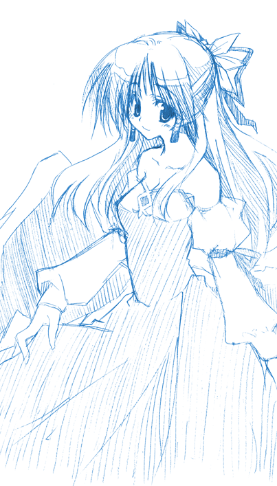10mo, 1girl, bare_shoulders, blue_theme, bow, claudia_(shinrabanshou), detached_sleeves, dress
