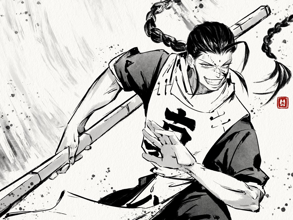 1boy, artist_logo, black_hair, braid, braided_ponytail, chinese_clothes, commentary_request, evil_smile