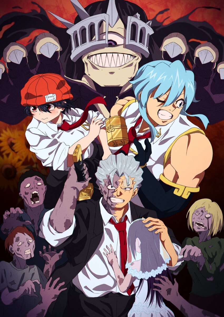 absurdres, andy_(undead_unluck), beanie, black_gloves, black_hair, blue_eyes, blue_hair, bridal_veil, bride, commentary_request, dress, elbow_gloves, flower, gloves, hat, highres, izumo_fuuko, long_hair, multiple_boys, multiple_girls, necktie, one_eye_closed, red_eyes, red_hat, red_necktie, rune_yui, serious, shen_(undead_unluck), shirt, short_hair, smile, spoil_(undead_unluck), standing, sunflower, sword, undead_unluck, veil, weapon, wedding_dress, white_dress, white_shirt, zombie