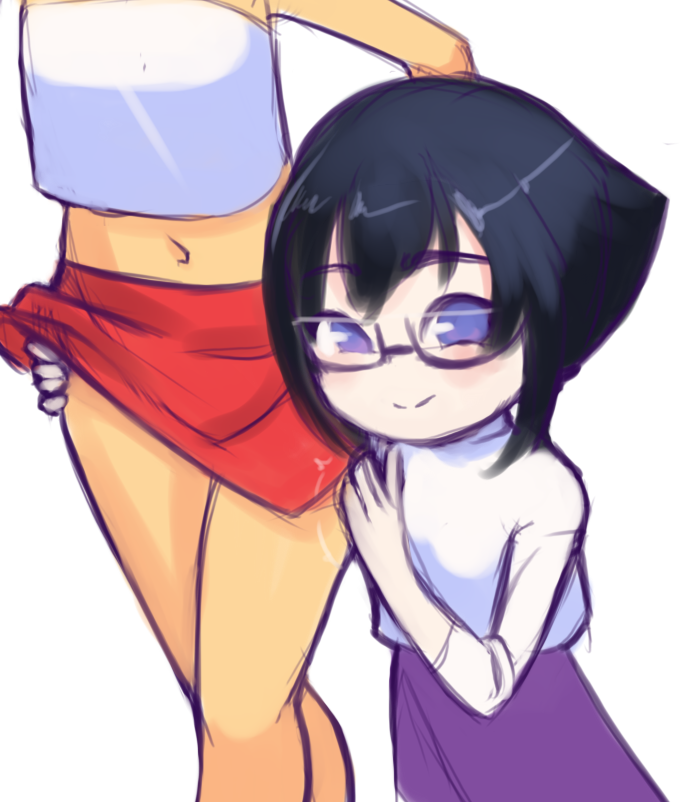 2girls, black_hair, blush, clothes_lift, drantyno, female_focus, flat_chest, glasses