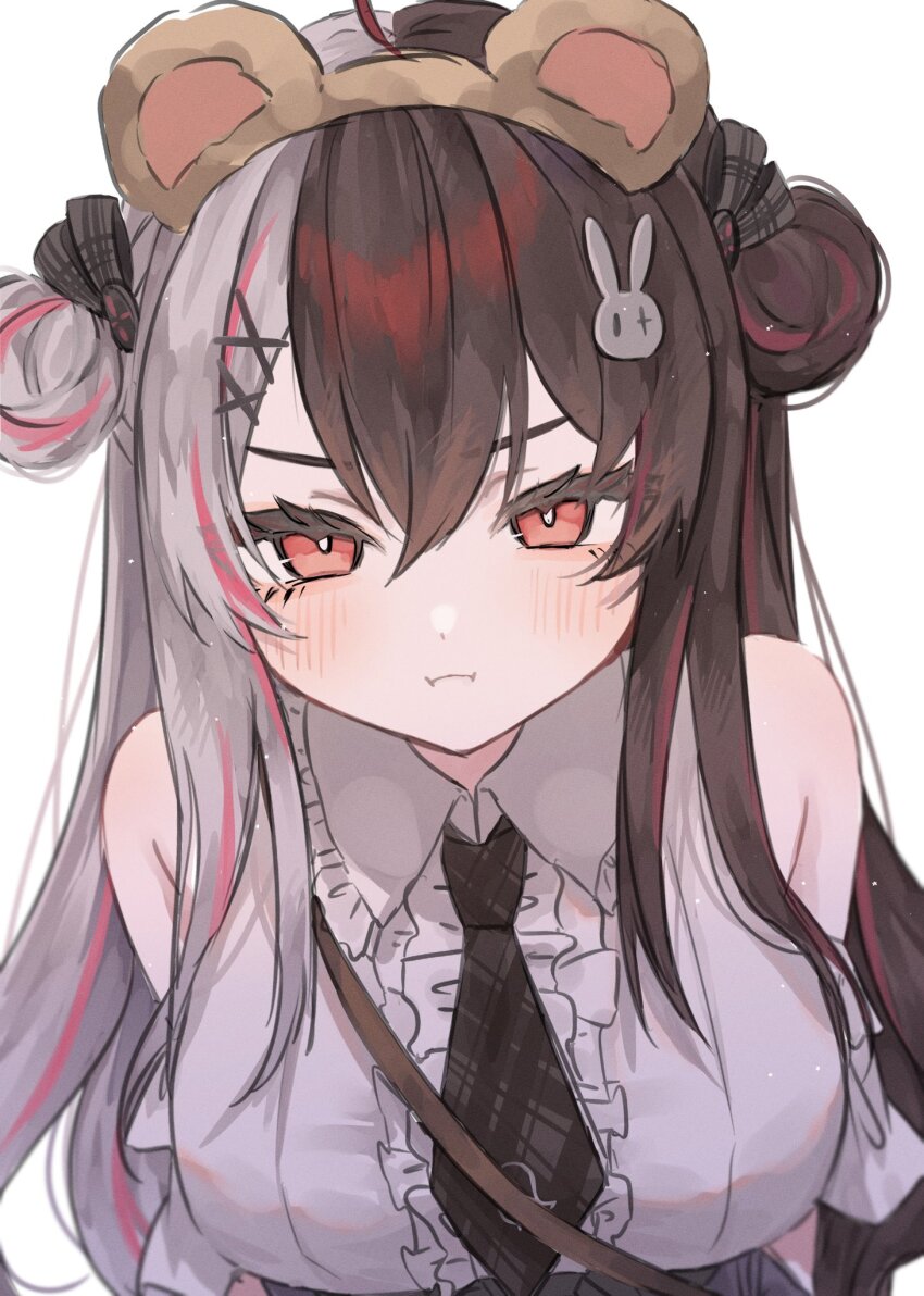 1girl, animal_ears, bag, bare_shoulders, bear_ears, black_necktie, black_ribbon, black_skirt