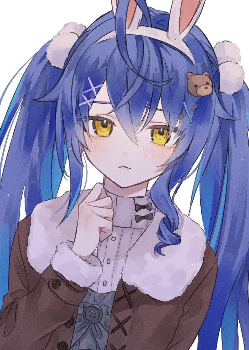 ahoge, amamiya_kokoro, amamiya_kokoro_(8th_costume), animal_ears, bear_hair_ornament, blue_hair, blush, brown_coat