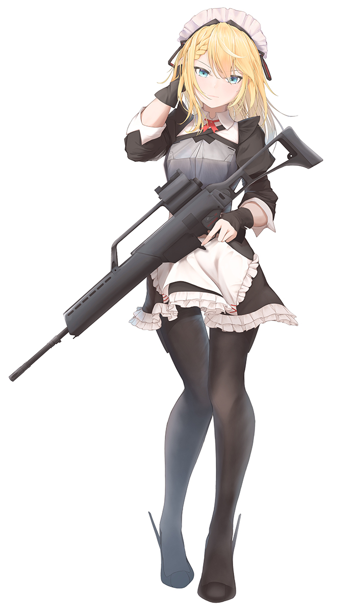 1girl, apron, armor, assault_rifle, black_footwear, black_gloves, black_pantyhose, blonde_hair
