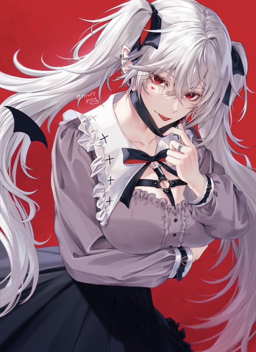 1girl, :p, arm_under_breasts, bat_wings, black_bow, black_skirt, bow, breasts, chest_harness, cleavage, collar, crossed_bangs, ear_piercing, facial_mark, frilled_shirt, frilled_shirt_collar, frills, genderswap, genderswap_(mtf), grey_hair, grey_shirt, gumo_(911tf5), hair_between_eyes, harness, heart, heart_facial_mark, highres, jewelry, jirai_kei, kuzuha_(nijisanji), large_breasts, long_hair, long_sleeves, looking_at_viewer, mask_pull, mini_wings, mole, mole_under_eye, nijisanji, o-ring, piercing, pleated_skirt, pointy_ears, red_eyes, red_nails, removing_mask, ring, sanya_(nijisanji), shirt, simple_background, skirt, solo, tongue, tongue_out, vampire, vampire_(vocaloid), very_long_hair, virtual_youtuber, white_collar, white_hair, wings