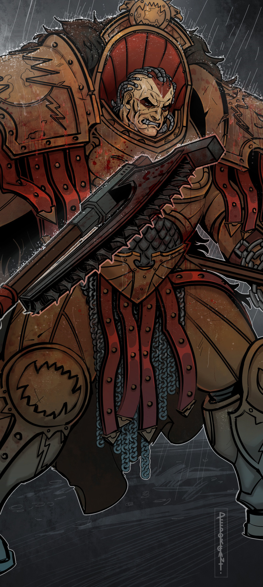 1boy, absurdres, angron, bald, blood_on_armor, cable, cape, chain, chain_axe, clenched_teeth, commentary, english_commentary, gorechild, gorefather, highres, male_focus, mechabare, nan_sedal, natalia_kikicheva, outdoors, pelt, primarch, rain, solo, standing, teeth, warhammer_40k, water_drop, wet, world_eaters