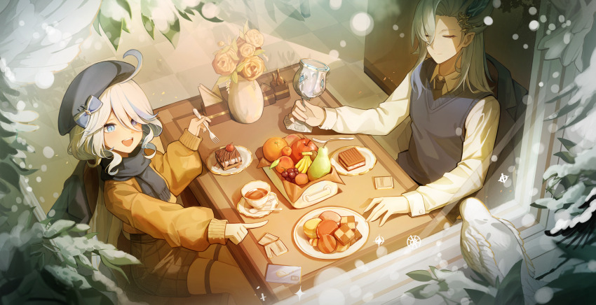 1boy, 1girl, :d, absurdres, beret, black_necktie, black_skirt, blue_eyes, blue_hair, blue_headwear, blue_scarf, blue_sweater_vest, closed_eyes, closed_mouth, collared_shirt, commentary_request, cup, food, furina_(genshin_impact), genshin_impact, hat, heterochromia, highres, long_sleeves, multicolored_hair, necktie, neuvillette_(genshin_impact), open_mouth, orange_sweater, plaid_clothes, plaid_skirt, pointy_ears, puffy_long_sleeves, puffy_sleeves, purple_eyes, ramube, scarf, shirt, short_hair, sitting, skirt, smile, streaked_hair, sweater, sweater_vest, teacup, teeth, thigh_strap, upper_teeth_only, white_hair, white_shirt, zima_(reverse:1999)