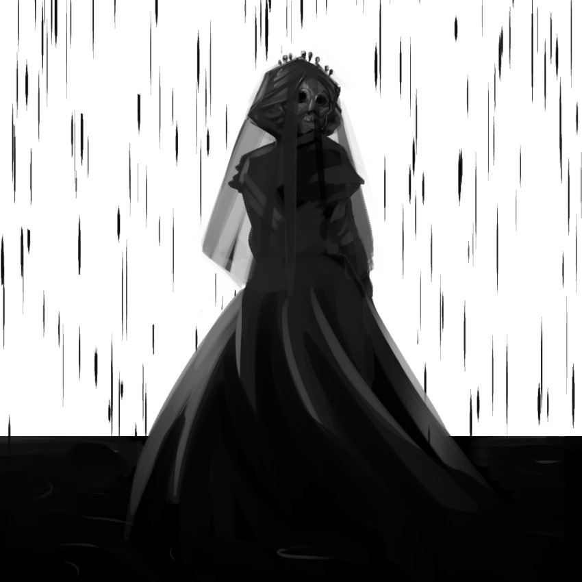 1girl, black_dress, bone, bridal_veil, bride, dress, full_body, ghost