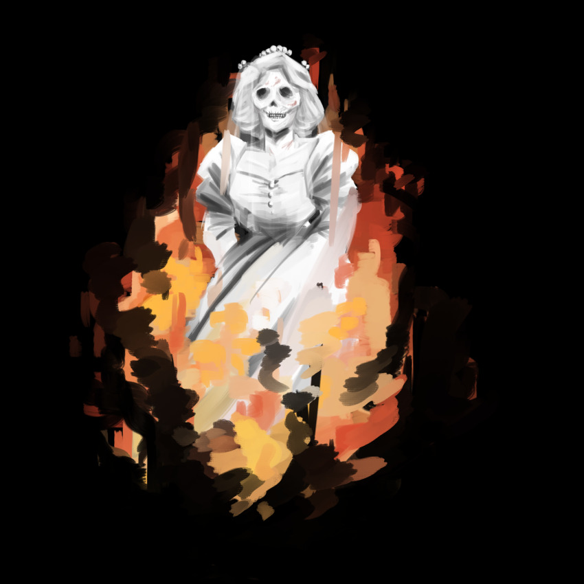 1girl, black_background, bone, bridal_veil, bride, burning, burning_building, dress