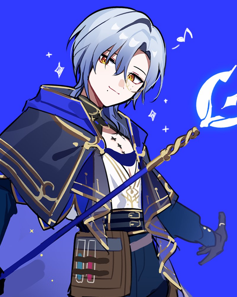 1boy, bag, black_gloves, blue_background, blue_cape, blue_hair, blue_pants, brown_bag