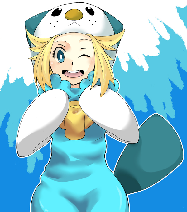 1girl, :<, bad_id, bad_pixiv_id, bianca_(pokemon), blonde_hair, blue_eyes, cosplay, female_focus, gen_5_pokemon, matsumoto_waka, mijumaru_(cosplay), milkcocoa, nintendo, one_eye_closed, oshawott, oshawott_(cosplay), personification, pokemon, pokemon_black_and_white, smile, solo, wink