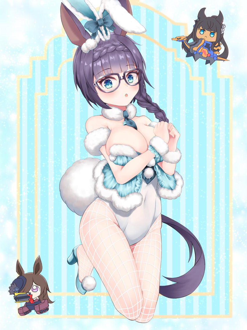 1girl, akiyama_neo, alternate_costume, animal_ears, bare_shoulders, bicute_bunnies_miku, black-framed_eyewear, black_hair