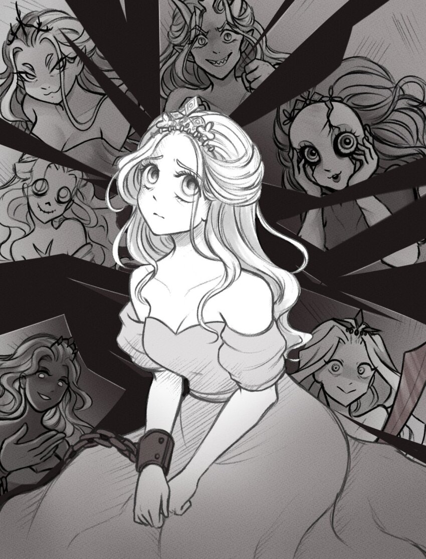 :3, bare_shoulders, breasts, broken_glass, broken_mirror, chain, chain_around_arm, chained, chanpotei, cleavage, closed_mouth, commentary, crazy_eyes, crown, dress, english_commentary, ghost, ghost_girl, glass, greyscale, grin, hands_on_own_cheeks, hands_on_own_face, highres, long_hair, looking_at_viewer, medium_breasts, mirror, monochrome, multiple_girls, multiple_persona, off-shoulder_dress, off_shoulder, princess, princess_(slay_the_princess), reflection, sharp_teeth, slay_the_princess, smile, teeth, the_adversary_(slay_the_princess), the_nightmare_(slay_the_princess), the_razor_(slay_the_princess), the_spectre_(slay_the_princess), the_tower_(slay_the_princess), the_witch_(slay_the_princess), tiara, upper_body