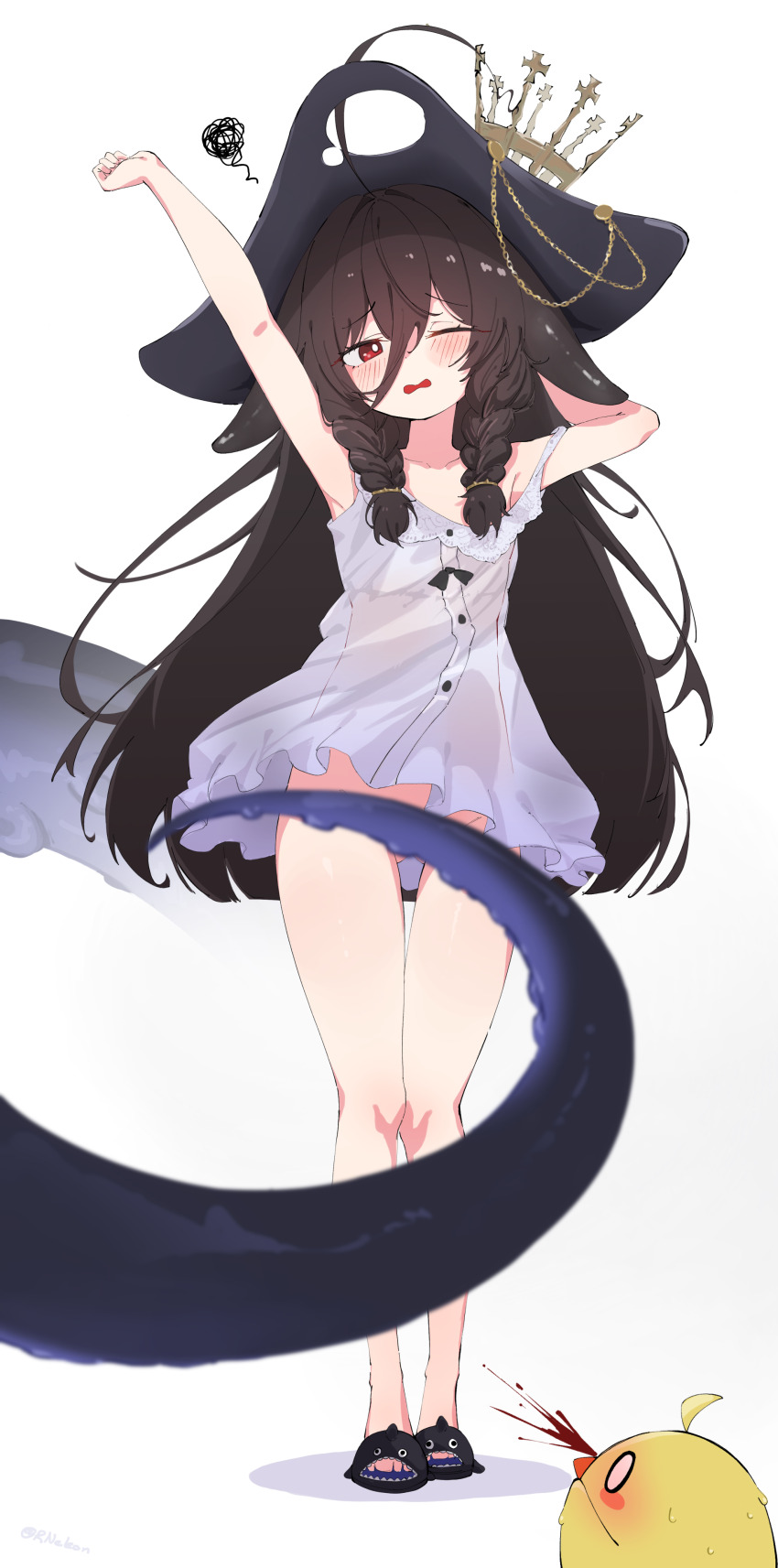 1girl, absurdres, ahoge, animal_slippers, arm_behind_head, arm_over_head, azur_lane, bare_arms, bare_legs, black_hair, blush, braid, bright_pupils, collarbone, commentary, convenient_censoring, convenient_tentacle, crown, dress, english_commentary, feet, full_body, gluteal_fold, hair_between_eyes, hat, highres, huge_ahoge, long_hair, manjuu_(azur_lane), no_panties, no_pants, pirate_hat, red_eyes, rnekon215, shark_slippers, simple_background, sleeveless, sleeveless_dress, slippers, solo, spoken_squiggle, squiggle, standing, stretching, tentacle_hair, thigh_gap, toes, twin_braids, twitter_username, very_long_hair, white_background, white_dress, white_pupils, whydah_(azur_lane)