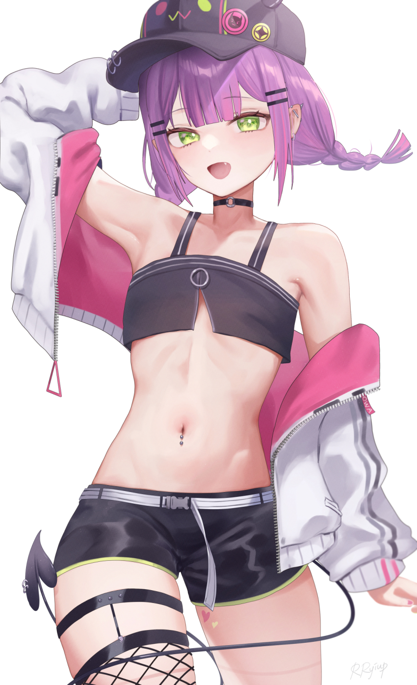 1girl, arm_up, baseball_cap, belt, bibi_(tokoyami_towa), black_choker, black_shorts, black_tank_top, braid, breasts, choker, cropped_jacket, demon_tail, ear_piercing, fang, fishnet_thighhighs, fishnets, green_eyes, hair_ornament, hairpin, hat, highres, hololive, jacket, looking_at_viewer, medium_hair, multicolored_hair, o-ring, o-ring_choker, open_mouth, pierced_hat, piercing, pink_hair, pointy_ears, purple_hair, rryiup, short_shorts, shorts, single_fishnet_legwear, small_breasts, smile, streaked_hair, tail, tail_around_own_leg, tail_ornament, tail_piercing, tank_top, thigh_strap, thighhighs, tokoyami_towa, tokoyami_towa_(1st_costume), twin_braids, virtual_youtuber, white_background, white_belt, white_jacket