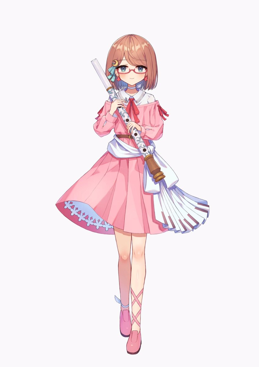 1girl, akatanotaki, ankle_strap, aqua_eyes, belt, bob_cut, brooch, brown_belt