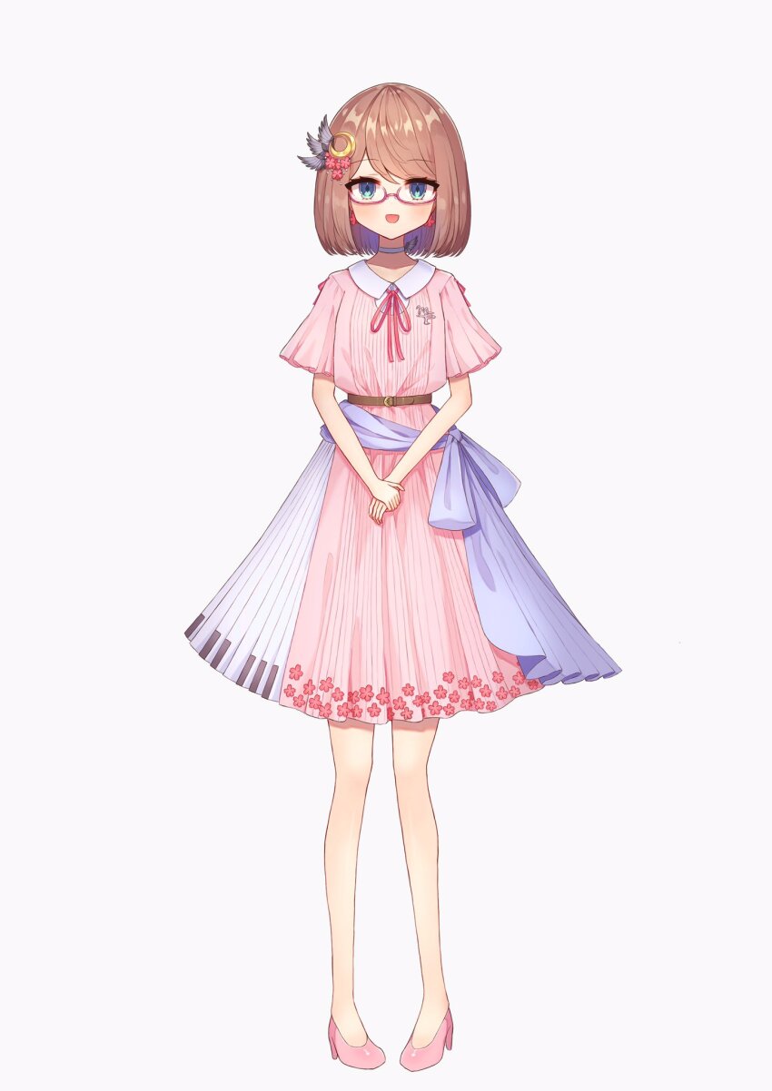 1girl, :d, akatanotaki, aqua_eyes, belt, bob_cut, brown_belt, brown_hair