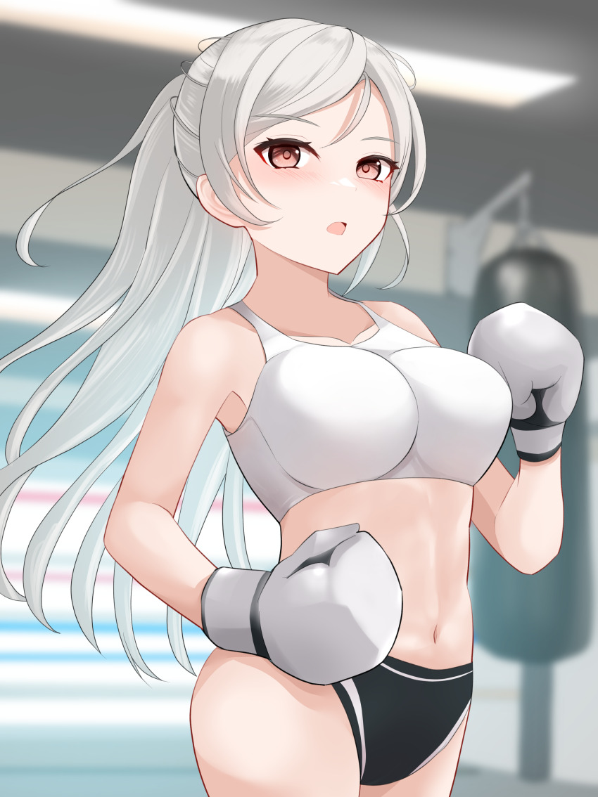 1girl, absurdres, alternate_costume, blush, boxing, boxing_gloves, boxing_ring, breasts