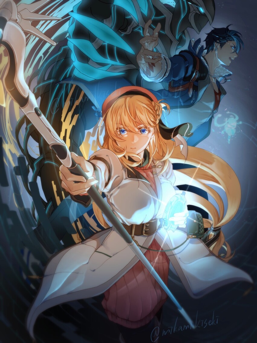 1boy, 2girls, agnes_claudel, artist_name, beret, blonde_hair, blue_eyes, blue_hair