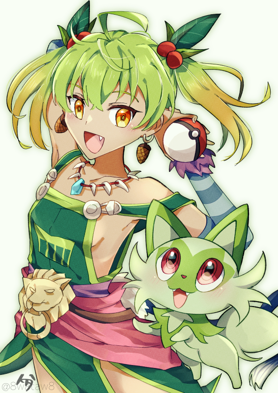 1girl, :d, ahoge, breasts, cat, commentary_request, earrings, eyelashes, fang, fangs, gradient_hair, green_fur, green_hair, hair_bobbles, hair_ornament, hikouki_(umiko003), holding, holding_poke_ball, jewelry, leaf, leaf_hair_ornament, multicolored_hair, necklace, nintendo, open_mouth, orange_eyes, overall_skirt, poke_ball, pokemon, pokemon_(creature), red_eyes, ricotta_beldine, ringed_eyes, short_hair, simple_background, small_breasts, smile, sprigatito, strap_slip, tail, twintails, white_background, ys, ys_viii:_lacrimosa_of_dana