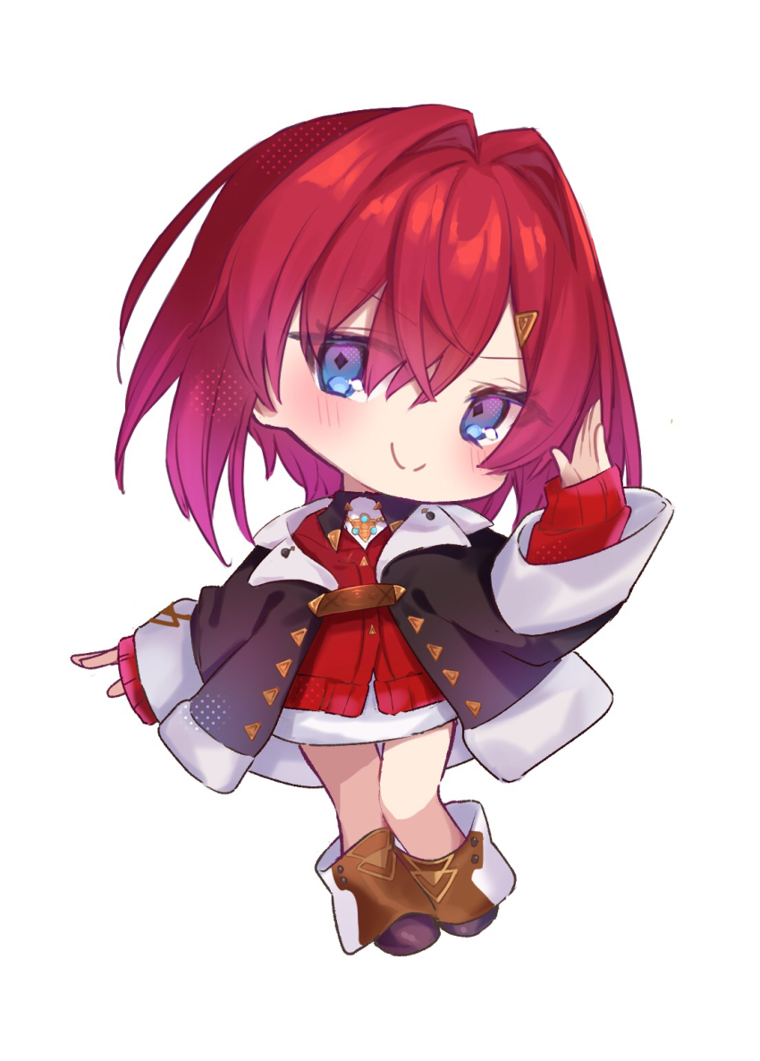 >:), 1girl, ange_katrina, ange_katrina_(1st_costume), black_coat, blue_eyes, blush, boots