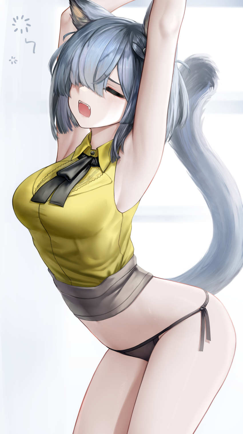 1girl, absurdres, animal_ears, arknights, armpits, arms_up, ascot, bare_shoulders