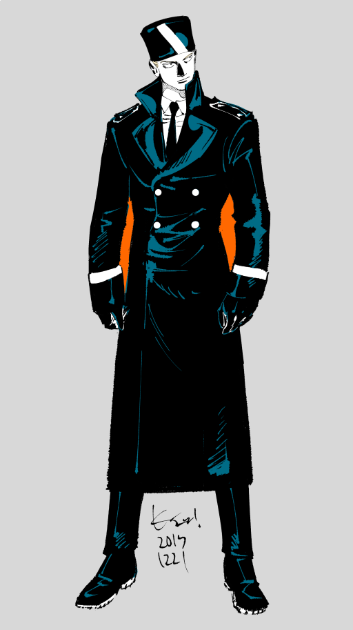 1boy, alexander_(veil), black_coat, black_gloves, coat, commentary, dated, full_body