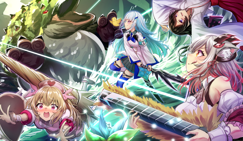 1girl, 4girls, :d, absurdres, animal_ears, bare_shoulders, blonde_hair, blue_hair