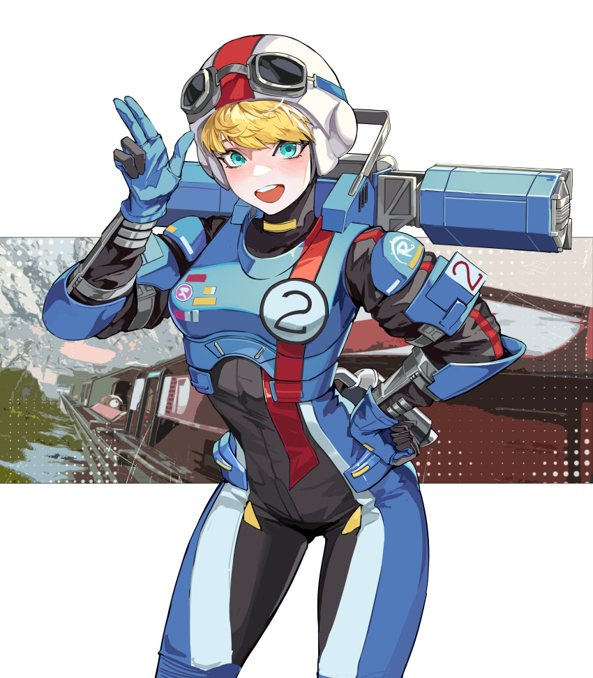 1girl, absurdres, animification, apex_legends, armor, black_bodysuit, blonde_hair, blue_bodysuit, bodysuit, breastplate, finger_gun, goggles, goggles_on_headwear, hand_on_own_hip, helmet, highres, looking_at_viewer, multicolored_bodysuit, official_alternate_costume, open_mouth, pope_(user_vuza2542), smile, solo, two-tone_bodysuit, wattson_(apex_legends), white_headwear, wired_for_speed_wattson, world's_edge