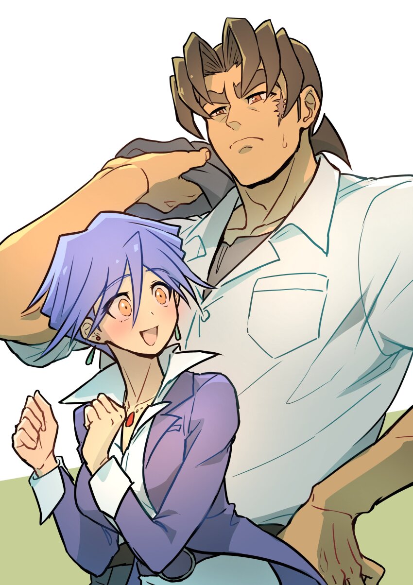 1boy, 1girl, absurdres, belt, blue_hair, blush, brown_eyes, brown_hair
