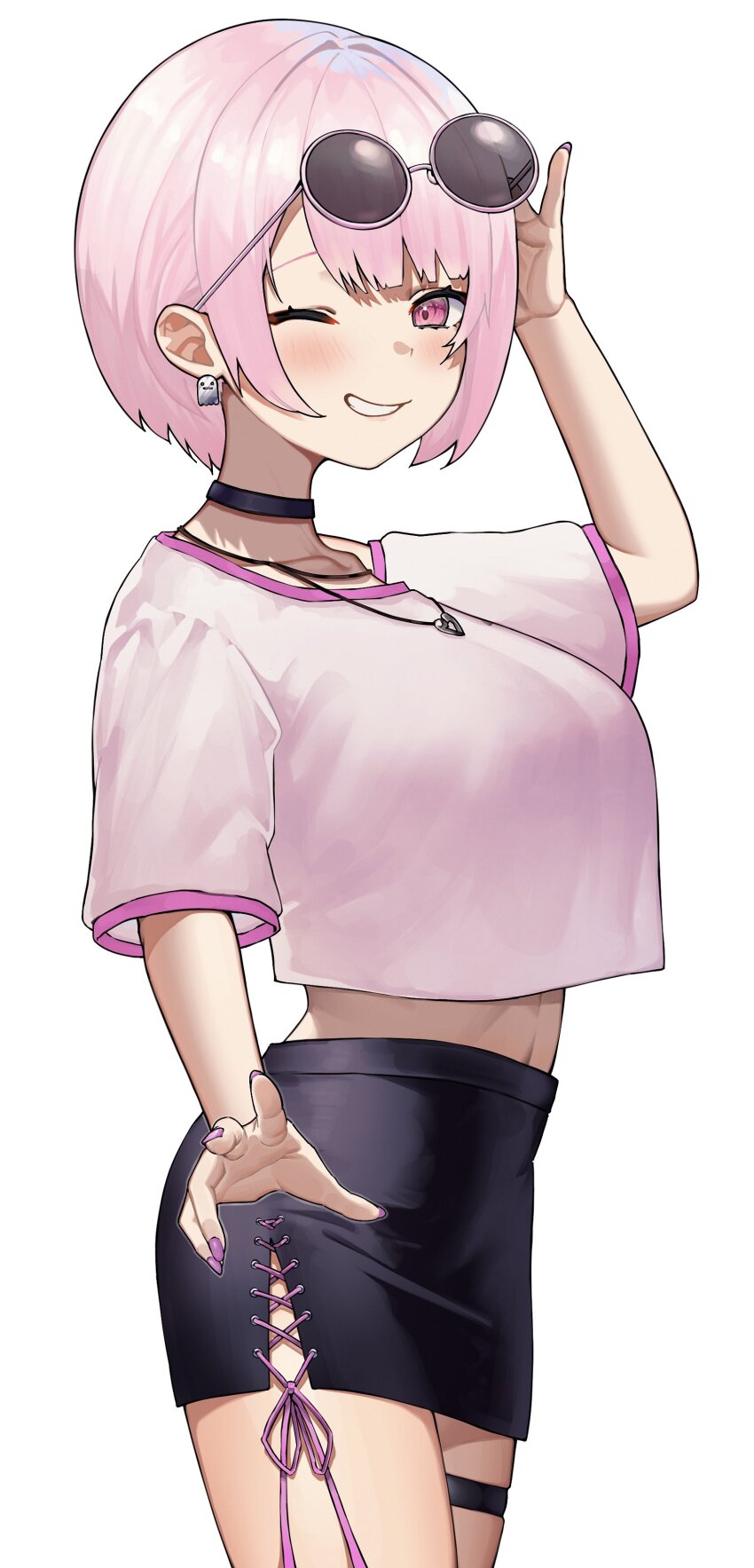 1girl, ;), absurdres, amatou_(ko_me_9), black_choker, black_skirt, blush, breasts, choker, crop_top, crop_top_overhang, cross-laced_slit, earrings, eyewear_on_head, ghost_earrings, grin, highres, jewelry, large_breasts, looking_at_viewer, miniskirt, necklace, nijisanji, official_alternate_costume, one_eye_closed, pink_eyes, pink_hair, pink_nails, pink_shirt, round_eyewear, shiina_yuika, shiina_yuika_(10th_costume), shirt, short_hair, short_sleeves, side_slit, simple_background, skirt, smile, solo, sunglasses, thigh_strap, virtual_youtuber, white_background
