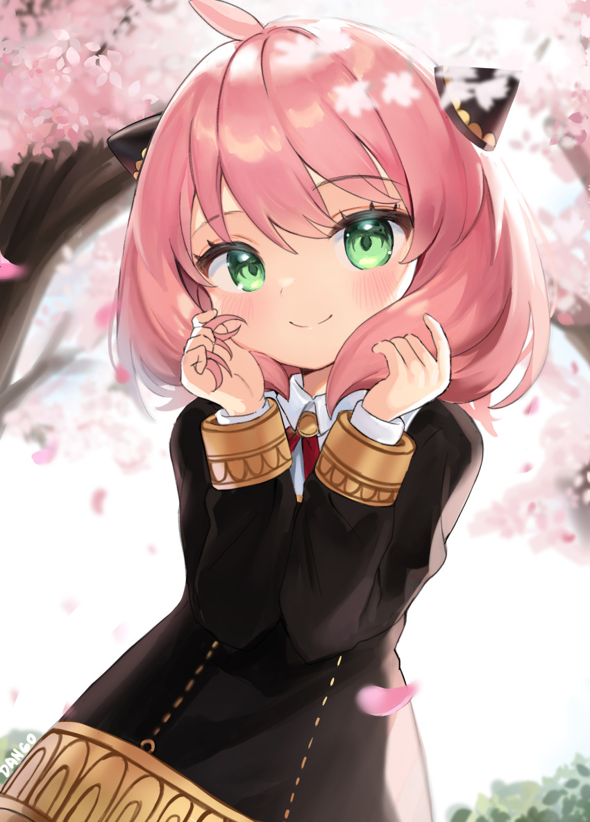 1girl, :o, absurdres, ahoge, anya_(spy_x_family), artist_name, black_dress, blurry