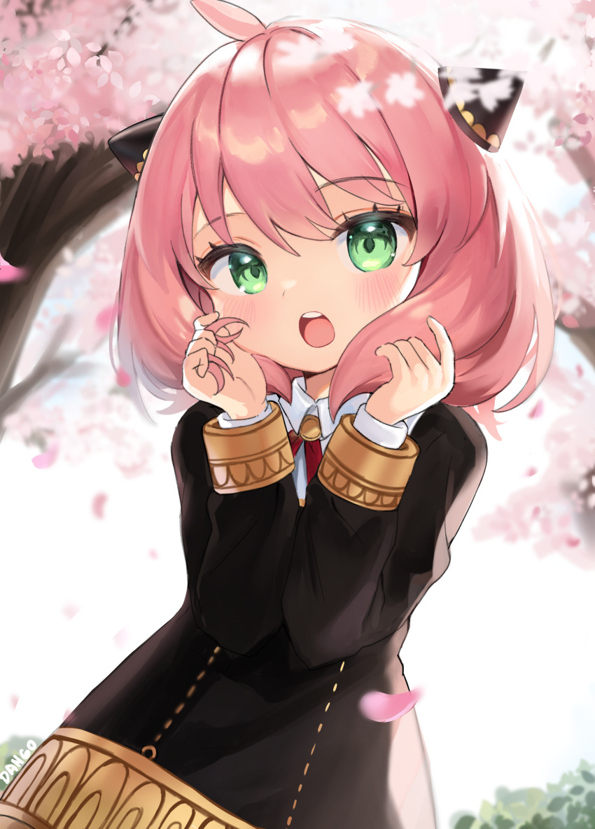 1girl, :o, absurdres, ahoge, anya_(spy_x_family), artist_name, black_dress, blurry