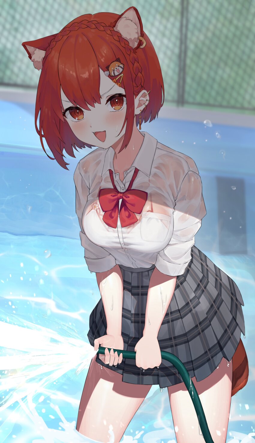 1girl, :d, absurdres, amatou_(ko_me_9), animal_ear_fluff, animal_ear_piercing, animal_hair_ornament, bow