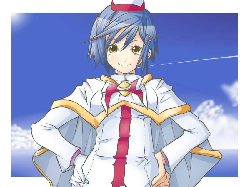 00s, 1girl, aika_granzchesta, aria_(manga), blue_hair, female_focus, gloves, hair_ornament, hairclip, hand_on_own_hip, hands_on_own_hips, hat, highres, mari_tomo, short_hair, single_glove, sky, smile, solo, uniform, yellow_eyes