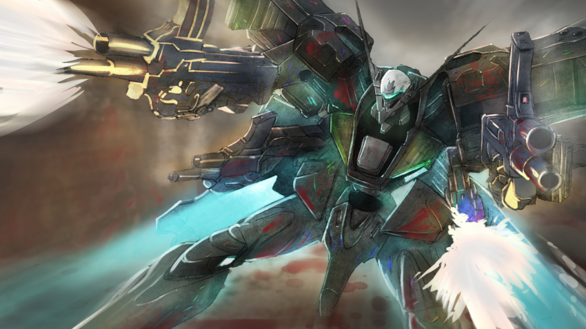 assault_visor, blood, dual_wielding, firing, gun, holding, holding_gun, holding_weapon