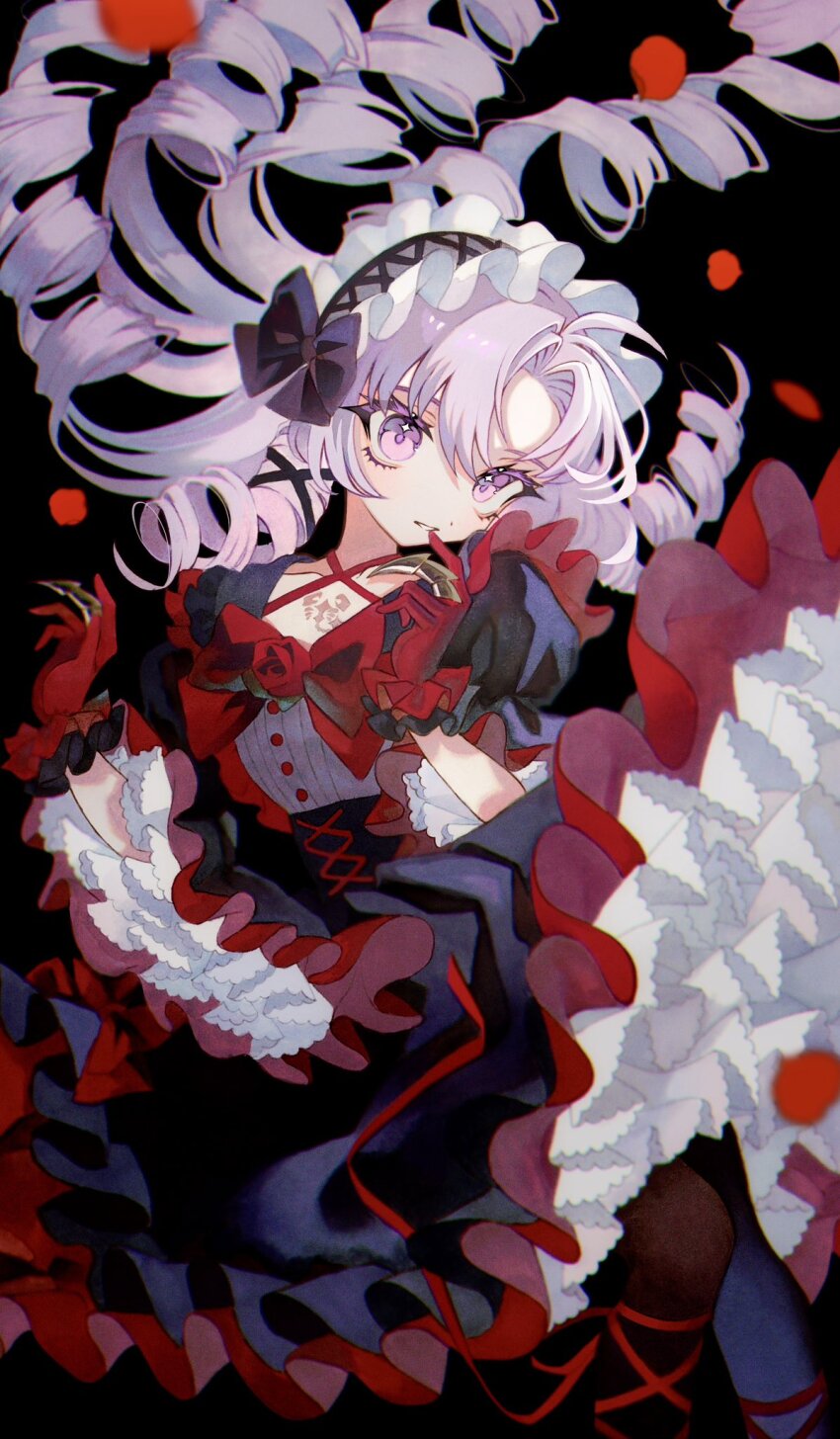 1girl, alternate_costume, black_corset, black_pantyhose, black_skirt, black_sleeves, corset, drill_hair