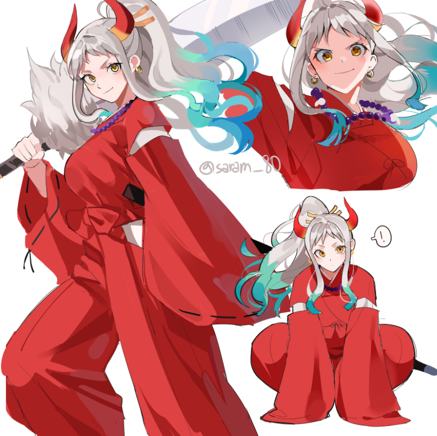 1girl, archived_source, bad_id, bad_twitter_id, blue_hair, commentary, cosplay, earrings, floating_hair, green_hair, hair_ornament, hakama, high_ponytail, holding, holding_sword, holding_weapon, horns, inuyasha, inuyasha_(character), inuyasha_(character)_(cosplay), japanese_clothes, jewelry, joman, kimono, korean_commentary, looking_at_viewer, multicolored_hair, multiple_views, necklace, one_piece, ponytail, profile, red_hakama, red_horns, red_kimono, short_bangs, sidelocks, smile, squatting, standing, sword, weapon, white_hair, yamato_(one_piece), yellow_eyes
