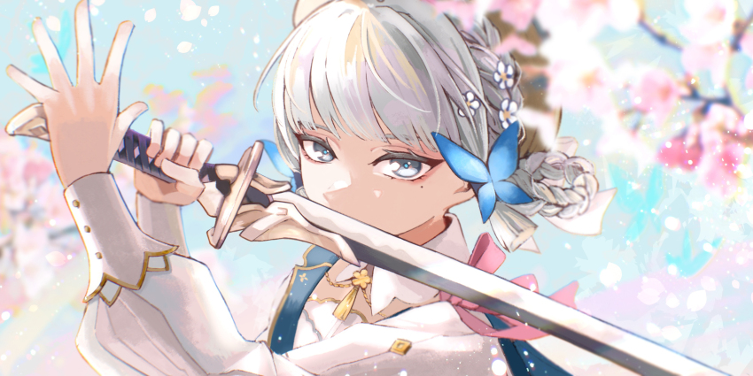 1girl, absurdres, amenoma_kageuchi_(genshin_impact), ayaka_(genshin_impact), basilian_31, blunt_bangs, blunt_tresses, blurry, braid, braided_hair_rings, brown_headwear, butterfly_hair_ornament, cherry_blossoms, collar, commentary, commentary_request, covered_mouth, depth_of_field, detached_collar, dress, english_commentary, falling_petals, flower, genshin_impact, grey_eyes, grey_hair, hair_flower, hair_ornament, hair_rings, highres, holding, holding_sword, holding_weapon, kamisato_ayaka, kamisato_ayaka_(springbloom_missive), katana, long_sleeves, looking_at_viewer, making-of_available, mixed-language_commentary, mole, mole_under_eye, neck_tassel, official_alternate_costume, official_alternate_hairstyle, outdoors, petals, puffy_sleeves, serious, solo, sword, tassel, upper_body, weapon, white_collar, white_dress