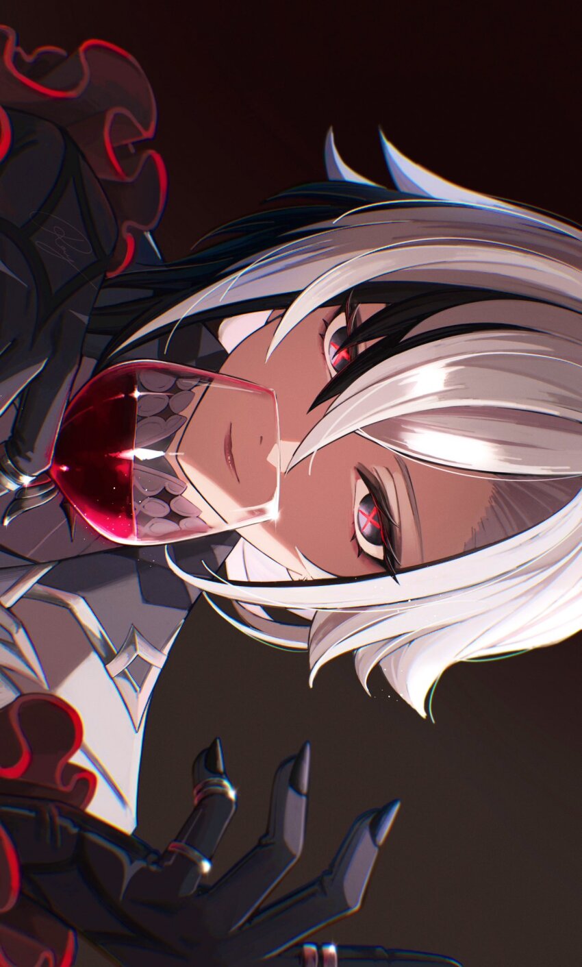1girl, alcohol, arlecchino_(genshin_impact), basilian_31, black_eyes, black_hair, black_hands, black_nails, closed_mouth, colored_extremities, commentary_request, cup, dark_background, dot_nose, drinking_glass, fingernails, french_commentary, genshin_impact, hair_between_eyes, hand_up, highres, holding, holding_cup, jacket, lips, long_fingernails, looking_at_viewer, multicolored_hair, sideways, signature, smile, solo, streaked_hair, symbol-shaped_pupils, upper_body, white_hair, white_jacket, wine, wine_glass, x-shaped_pupils