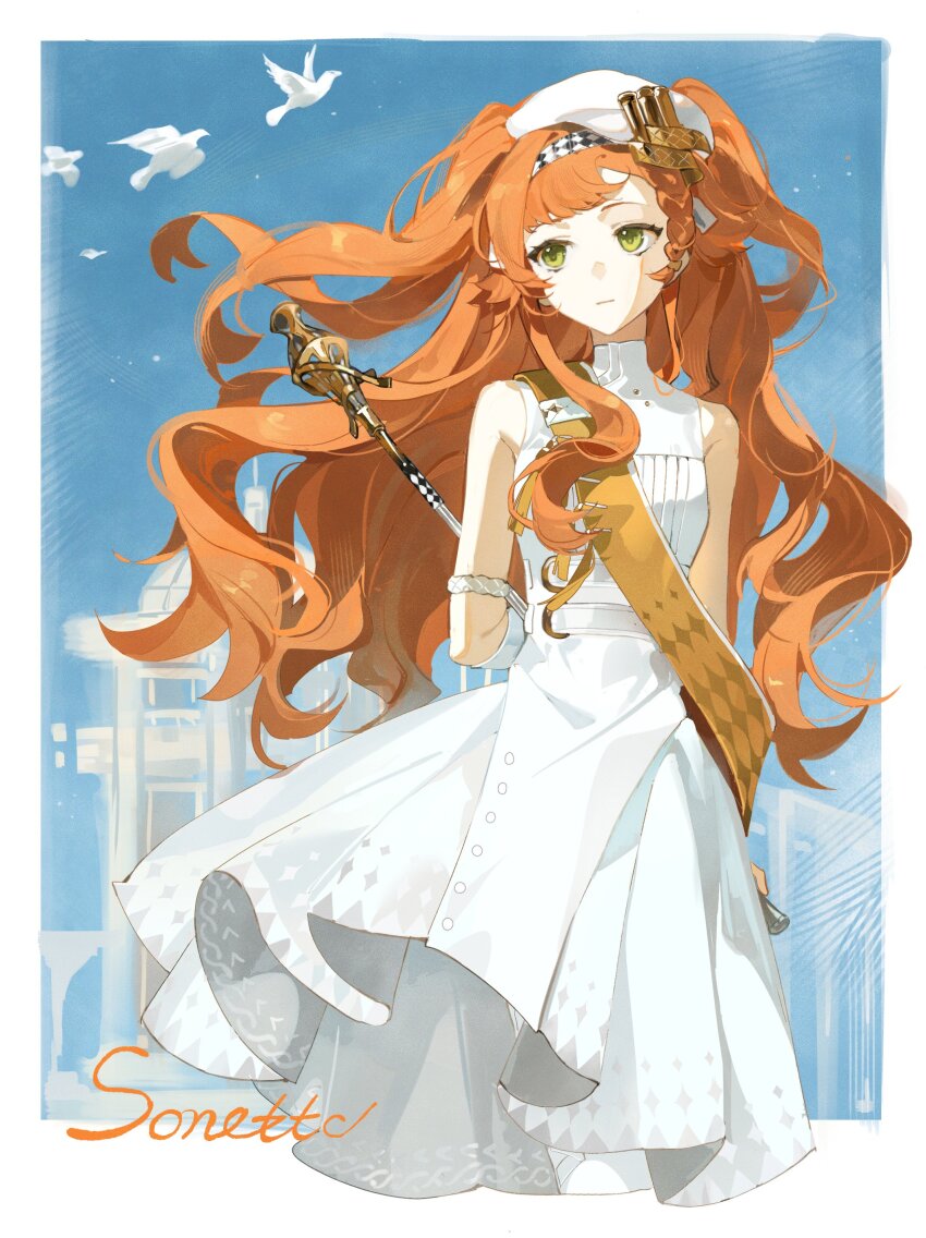 1girl, absurdres, arms_behind_back, bird, blue_sky, building, character_name, checkered_hairband