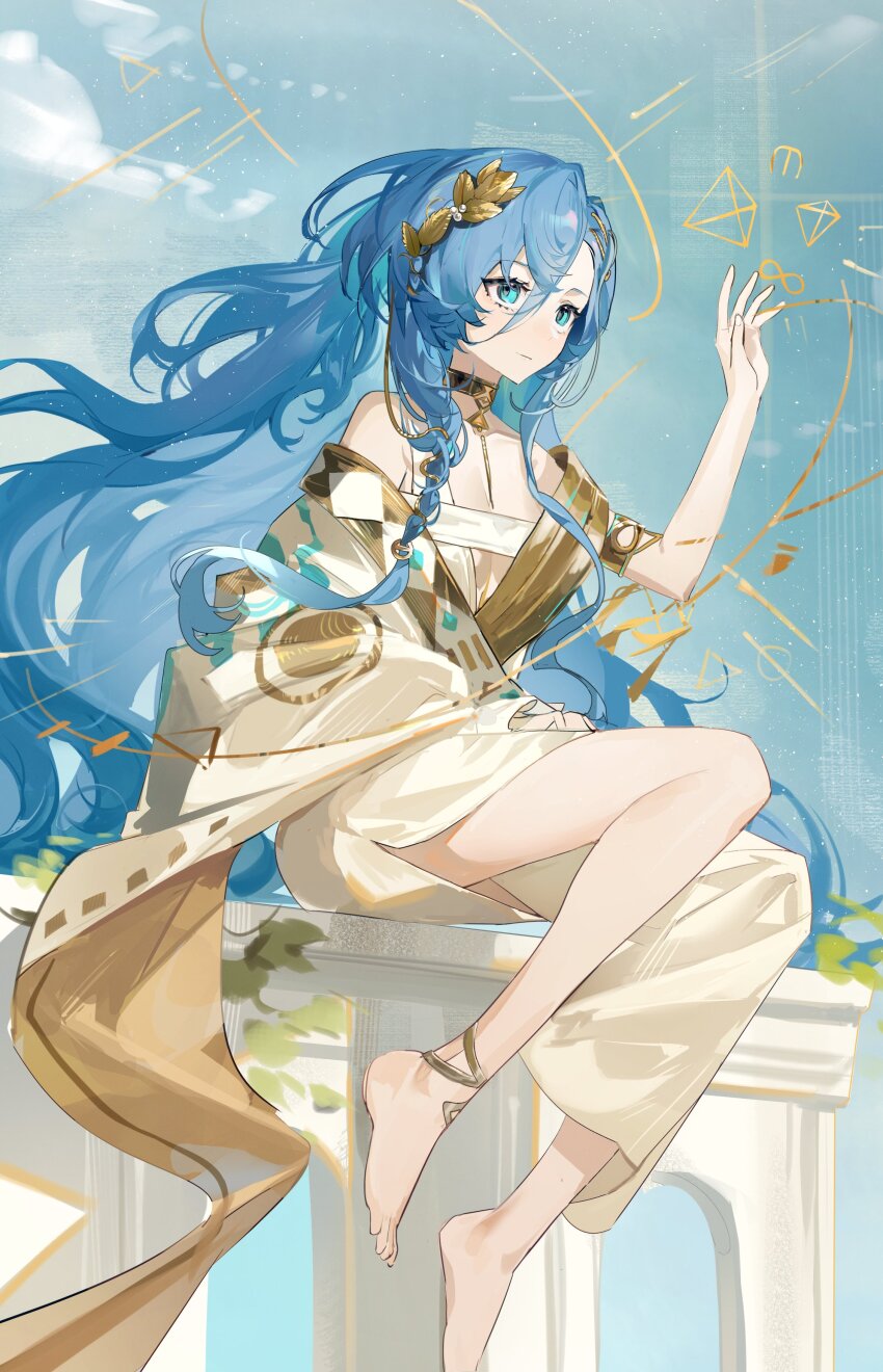 1girl, 37_(reverse:1999), absurdres, anklet, barefoot, blue_eyes, blue_hair, blue_sky